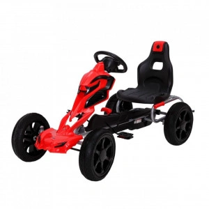 Kart cu pedale pentru copii NOVOKIDS® Adrenaline Kart PRO, 5-8 ani , 122 cm lungime, Carena, Structura metalica, Frana de mana, Functie FreeWheel, Scaun Ajustabil, Mers cu spatele, Rosu