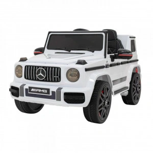Masinuta Electrica cu acumulator pentru copii NOVOKIDS™ Mercedes G63 AMG , Roti din Cauciuc EVA, Melodii si USB , 3-8 ani , usi cu deschidere , Baterie12V, 2 Viteze, lungime 110 cm, 2 motoare 550 W, Alb