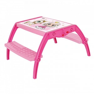 Masuta copii din plastic aditivat cu doua bancute Novokids™ Study Table, dimensiuni 95X78X49 cm, Suprafata lucioasa, Model Printesa cu Unicorn, Roz