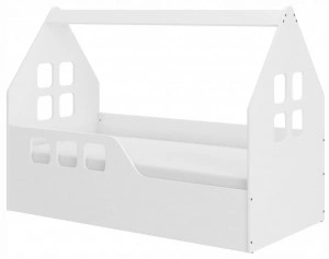 Pat tip casuta pentru copii NOVOKIDS™ MAGIC LITTLE HOUSE, 160x80 CM, Set cu Saltea din Spuma MATSEN® 10 CM Inclusa, Somiera Sistem FLEX, Protectie Laterala Stanga, Coborare Prin Dreapta