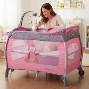 Patut Pliabil rotund cu balansoar, Tarc copii Baby Care™ PRO FRW, 2 Niveluri de inaltime, Cu melodii si Masa infasat, Carusel cu jucarii din plus, Plasa insecte, Roz