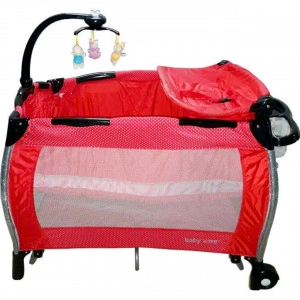 Patut Pliant rotund cu balansoar, Tarc copii Baby Care™ ROUND NEST, Pliabil pe 2 Niveluri cu muzica si Masa infasat, Jucarie Carusel cu jucarii din plus, geanta transport inclusa, Rosu