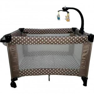 Patut Pliant, Tarc copii Baby Care™ NEST, Pliabil pe 2 Niveluri cu muzica si Masa infasat, Jucarie Carusel cu jucarii din plus, geanta transport inclusa, Maron cu buline