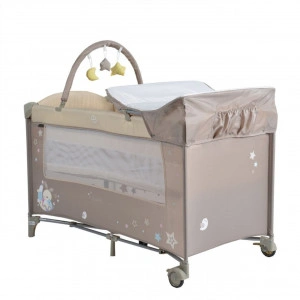 Patut pliant transformabil in tarc copii NOVOKIDS™ Sleepy NEST, 60X120 cm, 2 Niveluri, Masa infasat, Jucarie Carusel cu jucarii din plus, Fermoar acces lateral, Bej