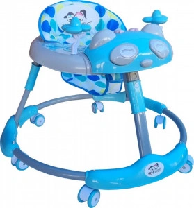 Premergator reglabil in 6 trepte de inaltime NOVOKIDS™ Baby Panda Walker, Cu melodii, Pliabil, Max 20 kg, Roti silentioase, Model Ursulet Panda, Albastru