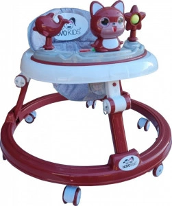 Premergator reglabil in 6 trepte de inaltime NOVOKIDS™ Happy Kitty, Cu melodii, Pliabil, Max 20 kg, Roti silentioase, Model Pisicuta, Rosu Bordeaux