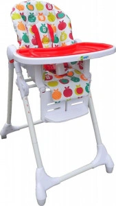 Scaun de masa pentru copii si bebe NOVOKIDS™ Go baby reglabil in 6 trepte de inaltime , pliabil , centura de siguranta, sezut comfortabil, masuta detasabila, pozitie somn, roti cu frana, model Fructe , Rosu si Alb