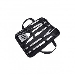 Set 5 ustensile gratar din inox HouseXL BBQ, Cu geanta transport inclusa, Cleste, Spatula, Furculita, Cutit si Perie gratar