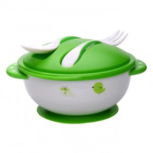 Set castronel copii cu lingurita si furculita NOVOKIDS™ Baby Bowl, cu ventuza, de la 6 luni, lingurita copii, furculita copii, manere lungi, Verde
