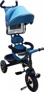 Tricicleta cu copertina Baby Care™ My first Trike , roti cauciuc, pedale si maner pentru parinti, scaun reversibil cu invartire 360 grade , cadru metalic, dimensiuni 100X45X90 cm, Turquoise