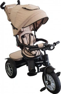 Tricicleta cu copertina Baby Care™ Turbo Bike , Cu far luminos, Roti din cauciuc, Pozitie somn, Pedale si maner pentru parinti, Scaun reversibil cu rotatie 360 grade , Cadru metalic, Dimensiuni 110X60X90 cm, Crem