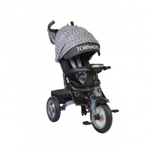 Tricicleta cu copertina Novokids™ Tornado , Cu melodii si lumini, Roti gomflabile din cauciuc, Pozitie somn, Scaun reversibil cu invartire 360 grade , Cadru metalic, Dimensiuni 110X60X90 cm, Gri