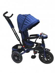 Tricicleta cu copertina NOVOKIDS Super Trike, Cu melodii si lumini, Roti din cauciuc, Pozitie somn, Scaun reversibil cu rotatie 360 grade, Albastru Jeans