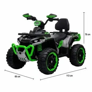 Dimensiuni ATV electric pentru copii NOVOKIDS™ MonsterQUAD PRO verde cu negru, cu 4 roti stabile, design Off Road modern si scaun confortabil, ideal pentru copii 3-8 ani