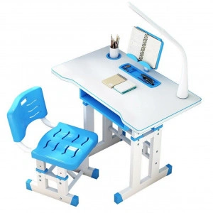 Birou copii din MDF cu lampa inclusa Novokids Premium desk, Dimensiuni 80X50X70, Cadru metalic, Albastru cu Alb