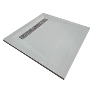 Cadita gri patrata de dus HouseXL StoneCore Premium 90x90 cm din compozit granit cu rigola metalica inclusa vedere lateral dreapta