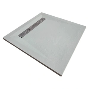 Cadita gri patrata de dus HouseXL StoneCore Premium 90x90 cm din compozit granit cu rigola metalica inclusa vedere lateral dreapta
