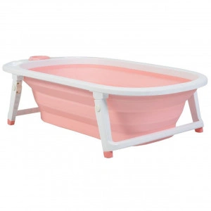Cadita pliabila cu stender pentru bebelusi si copii NOVOKIDS™ Folding Bath Tub, baita bebe, ergonomica, 81x45x22 cm, supapa scurgere, Roz