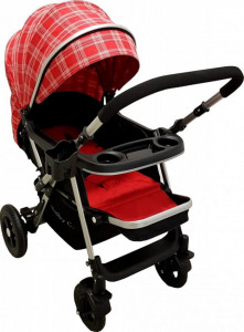 Carucior-nou-nascuti-2-in-1-BABY-CARE-PRO-511-Cadru-aluminiu-Maner-reversibil-Spatar-reglabil-in-5-trepte-Amortizoare-Frana-picior-Pliabil-Rosu-cu-Carouri_3