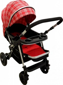 Carucior-nou-nascuti-2-in-1-BABY-CARE-PRO-511-Cadru-aluminiu-Maner-reversibil-Spatar-reglabil-in-5-trepte-Amortizoare-Frana-picior-Pliabil-Rosu-cu-Carouri_3