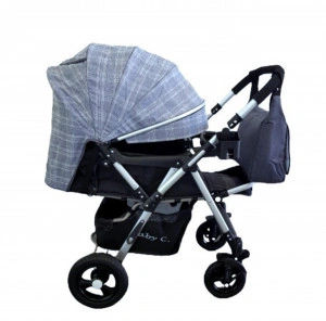 Carucior nou nascuti 2 in 1 BABY CARE™ PRO 511, Cu geanta bebe inclusa, Cadru aluminiu, Maner reversibil, Spatar reglabil in 5 trepte, Amortizoare, Plasa insecte, Frana picior,Pliabil , Gri jeans cu carouri
