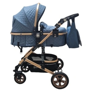 Carucior nou nascuti 2 in 1 Baby Care™ PRO 531, Cu geanta bebe, Cadru Aluminiu Gold , Amortizoare, Roti din cauciuc plin AVE, Spatar reglabil 3 trepte, Plasa insecte, Albastru cu Carouri