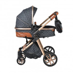 Carucior nou nascuti 2 in 1 NOVOKIDS™ Alma Gold PRO , Cu geanta bebe, Cadru Aluminiu , Amortizoare, Roti din cauciuc plin AVE, Landou, Modul sport, Spatar reglabil 3 trepte, Negru cu Imprimeu