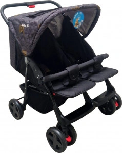 Carucior nou nascuti 2 in 1 pentru gemeni BABY CARE™ PRO P700, Cadru aluminiu, Spatar reglabil in 5 trepte, Amortizoare, Frana picior, Pliabil, Gri cu Imprimeu