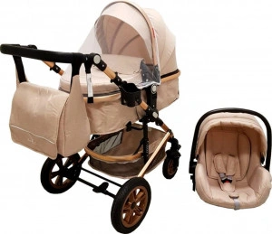 Carucior-nou-nascuti-3-in-1-Baby-Care-PRO-530-Cu-geanta-bebe-Cadru-Aluminiu-Gold-Amortizoare-Roti-din-cauciuc-plin-AVE-Landou-Scoica-auto-Spatar-reglabil-3-trepte-Plasa-insecte-Crem