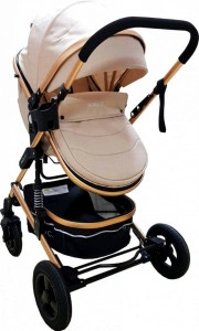 Carucior-nou-nascuti-3-in-1-Baby-Care-PRO-531-Cadru-Aluminiu-Amortizoare-Roti-din-cauciuc-plin-AVE-Landou-Scoica-auto-Spatar-reglabil-3-trepte-Plasa-insecte-Crem