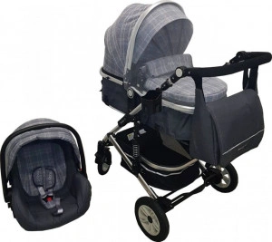 Carucior nou nascuti 3 in 1 Baby Care™ PRO 531 , geanta Bebe, Cadru Aluminiu, Amortizoare, Roti din cauciuc plin AVE, Landou, Scoica auto, Spatar reglabil 3 trepte, Plasa insecte, Gri cu carouri