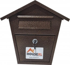 Cutie postala metalica cu 2 chei HouseXL® MailBox, Dimensiune 36X35.5X9.5 cm, Vopsita in camp electrostatic, Tabla groasa, Model casuta trapezoidala, Maron lovitura de ciocan