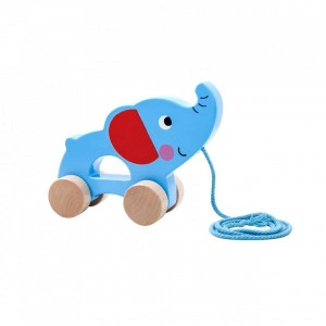 Jucarie educativa de tras din lemn masiv NOVOKIDS™ My first Tiny Elephant, Cu roti, Motricitate , Cu sfoara de tractare, Materiale Eco, Albastru