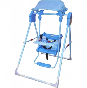 Leagan Bebelusi si Copii pentru interior si exterior NOVOKIDS™, Cu melodii si lumini, Suport picioare, Centura de siguranta, Broscuta, Albastru
