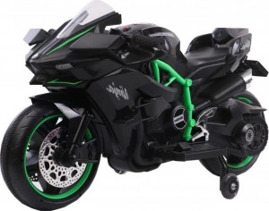 Motocicleta Electrica cu Acumulator Pentru Copii NOVOKIDS™ Ninja Premium Motocross, Viteza din maner, 3-8 ani, Max 30 kg, Cu Melodii si Lumini LED, Bluetooth, Roti ajutatoare, Negru cu Verde