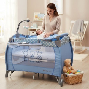 Patut Pliabil rotund cu balansoar, Tarc copii Baby Care™ PRO FRW, 2 Niveluri de inaltime, Cu melodii si Masa infasat, Carusel cu jucarii din plus, Plasa insecte, Albastru