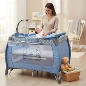 Patut Pliabil rotund cu balansoar, Tarc copii Baby Care™ PRO FRW, 2 Niveluri de inaltime, Cu melodii si Masa infasat, Carusel cu jucarii din plus, Plasa insecte, Albastru