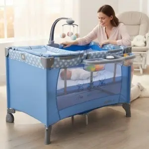 Patut-Pliabil-si-Tarc-copii-Baby-Care-PRO-FMAT-2-Niveluri-de-inaltime-Cu-melodii-si-Masa-infasat-Carusel-cu-jucarii-din-plus-Plasa-insecte-Albastru-2