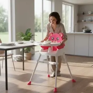 Scaun de masa 3 in 1 pentru copii si bebe NOVOKIDS™ Teddy Bear ,transformabil in scaunel copii, functie inaltator scaun, 2 trepte de inaltime, sezut comfortabil, masuta detasabila, model Ursulet, Roz