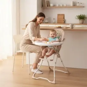 Scaun-de-masa-pentru-copii-si-bebe-Baby-Care-CH-Pliabil-Centura-de-siguranta-Sezut-comfortabil-Masuta-detasabila-Model-Ursulet-Beige-2