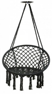 Scaun Rotund Suspendat tip Leagan Pentru Casa sau Gradina HOUSEXL™ ROUND COZY NEST, Cu Franjuri, 120 Kg, Negru
