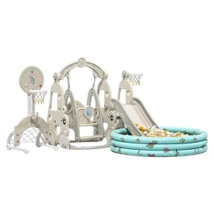 Tobogan 7 in 1 Pentru Copii NOVOKIDS™ Wonder Playground, Cu piscina cu 200 bile, Leagan si poarta fotbal, Pentru Interior si Exterior, 187 centimetri panta alunecare, Maxim 25 Kg, 2 cosuri de baschet incluse, Gri Deschis - Img 2