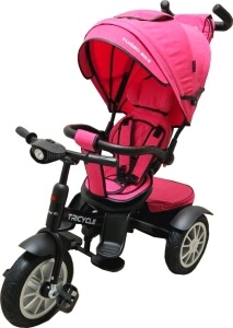 Tricicleta cu copertina Baby Care™ Turbo Bike, Cu far luminos, Roti din cauciuc, Pozitie somn, Pedale si maner pentru parinti, Scaun reversibil cu rotatie 360 grade , Cadru metalic, Dimensiuni 110X60X90 cm, Roz