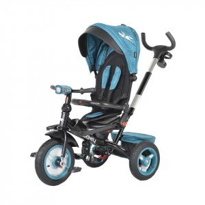 Tricicleta cu copertina detasabila NOVOKIDS™ Jockey Trike ,Cu far luminos si melodii, Roti gonflabile din cauciuc, Pozitie somn, Pedale si maner pentru parinti, Scaun reversibil cu rotire 360 grade , Cadru metalic, dimensiuni 120X54X100 cm, Turquoise