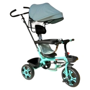 Tricicleta cu copertina detasabila NOVOKIDS™ My first Trike, Roti din spuma cauciucata, Maner de ghidaj pentru parinti, Cadru metalic, Dimensiuni 100X45X90 cm, Verde Turquoise