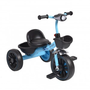 Tricicleta cu pedale NOVOKIDS™ Hawk Trike , Cu melodii si lumini, Doua cosulete pentru jucarii, Max 25 kg, Roti din cauciuc EVA, Cadru metalic, Far luminos, Albastru