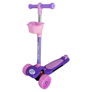 Trotineta copii cu roti luminoase din silicon NOVOKIDS™ Mini Scooter 6160, Cu melodii si lumini, 3 roti, Pliabila, Maner reglabil pe inaltime, Maxim 50 kg, Design modern, Mov cu Roz