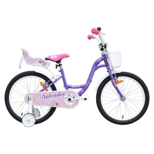 Bicicleta pentru copii NOVOKIDS™ Splend'Or Boom PRO Edition, Cu cosulet pentru papusi, Roti 20" inch, Maxim 50 kg, Cadru din otel, Roti ajutatoare detasabile, Ghidon reglabil pe inaltime, Mov