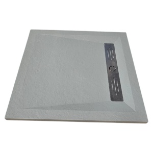 Cadita gri patrata de dus HouseXL StoneCore Premium 90x90 cm din compozit granit cu rigola metalica inclusa vedere lateral