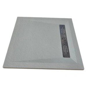 Cadita gri patrata de dus HouseXL StoneCore Premium 90x90 cm din compozit granit cu rigola metalica inclusa vedere lateral